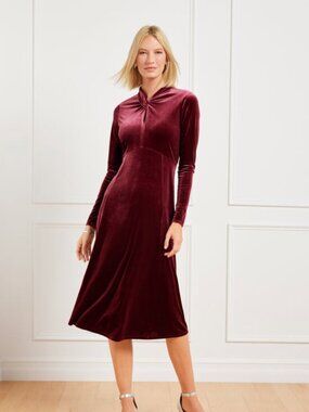 Talbots Dress Womens 6 Dark Burgundy Draped Neck Velvet Party Sheath Midi